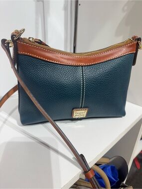Dooney & Bourke Teal Pebbled Leather Crossbody with Brown Trim